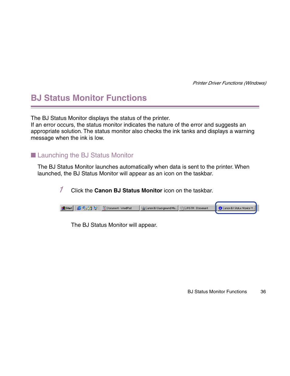 Bj status monitor functions | Canon S900 User Manual | Page 36 / 178