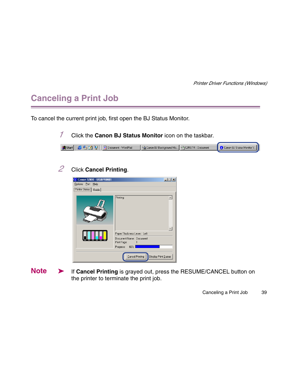 Canceling a print job | Canon S900 User Manual | Page 39 / 178