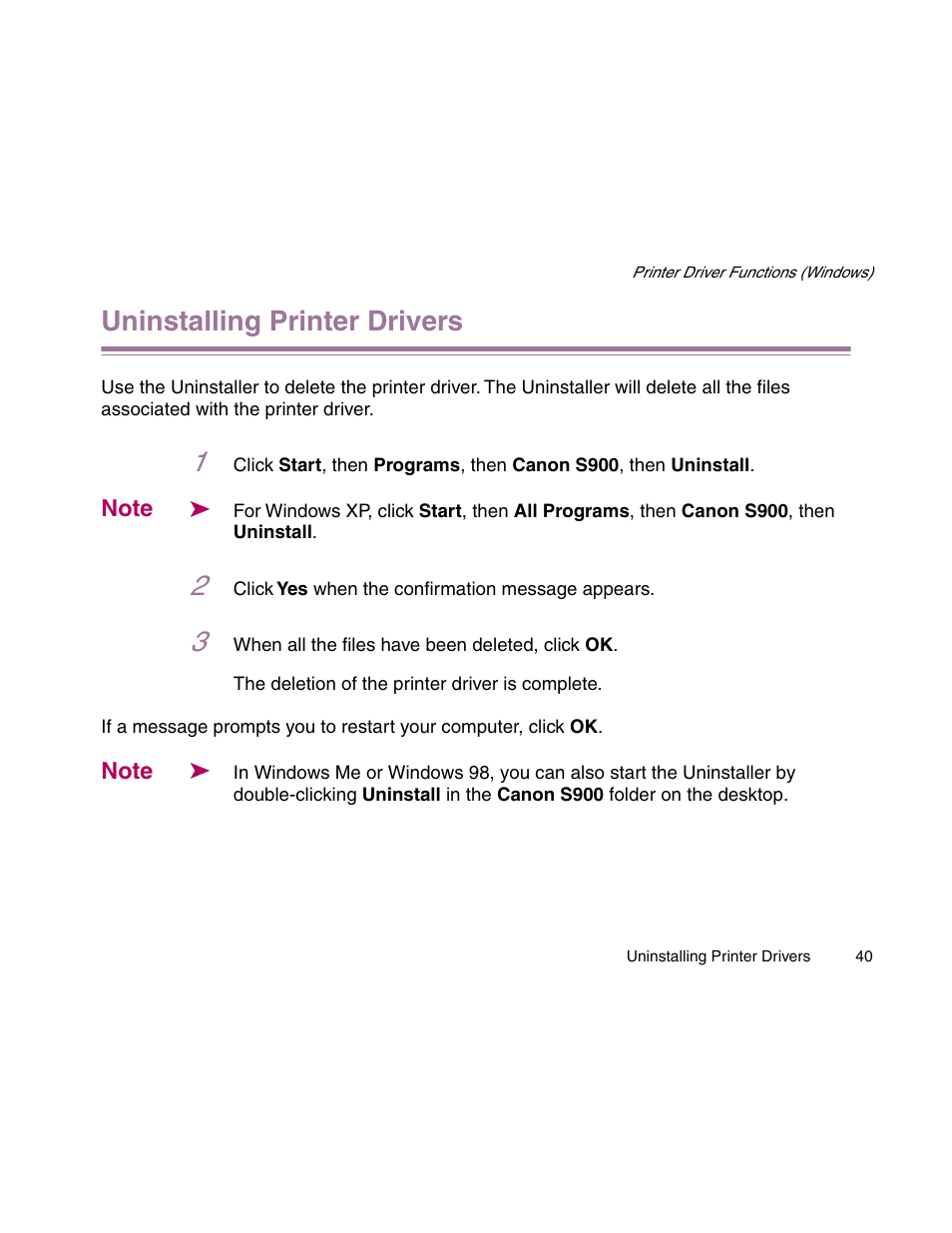 Uninstalling printer drivers | Canon S900 User Manual | Page 40 / 178