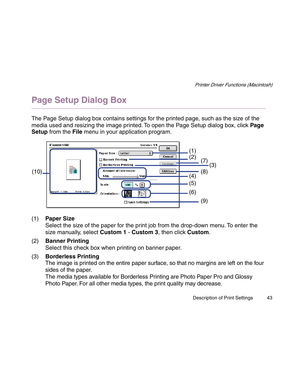 Page setup dialog box | Canon S900 User Manual | Page 43 / 178