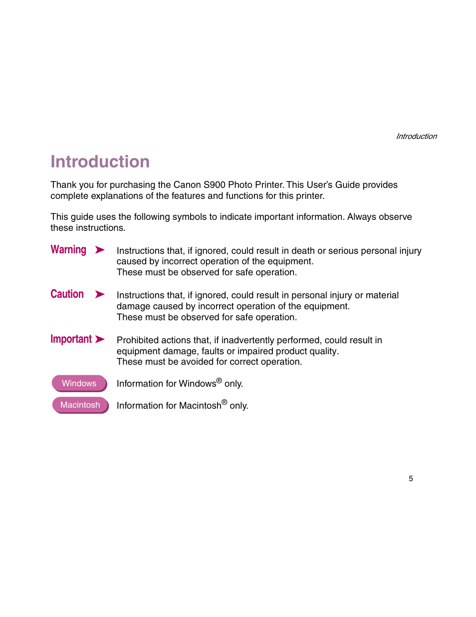 Introduction, Warning, Caution | Important | Canon S900 User Manual | Page 5 / 178