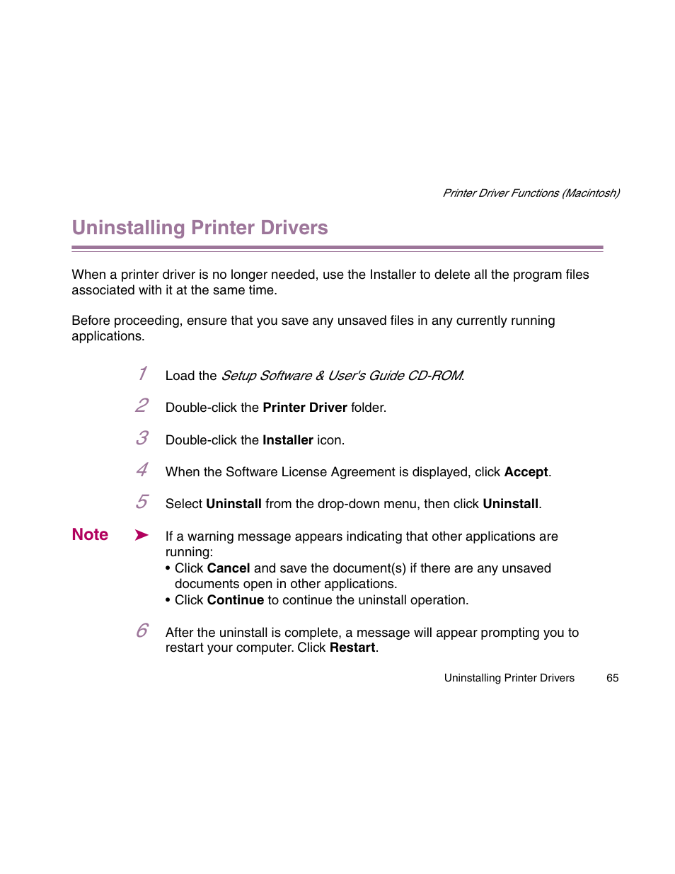 Uninstalling printer drivers | Canon S900 User Manual | Page 65 / 178