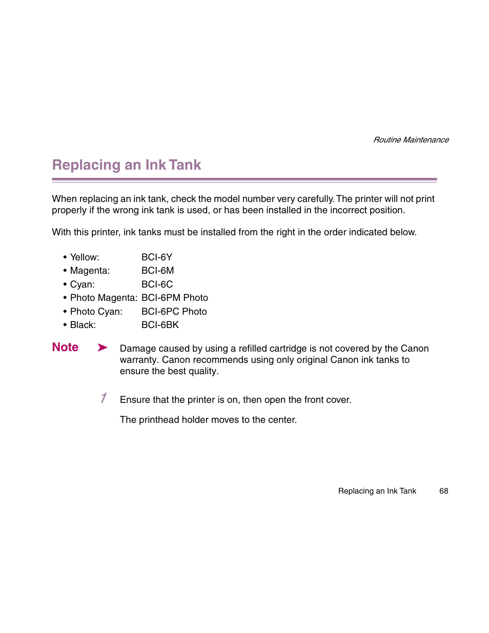 Replacing an ink tank | Canon S900 User Manual | Page 68 / 178