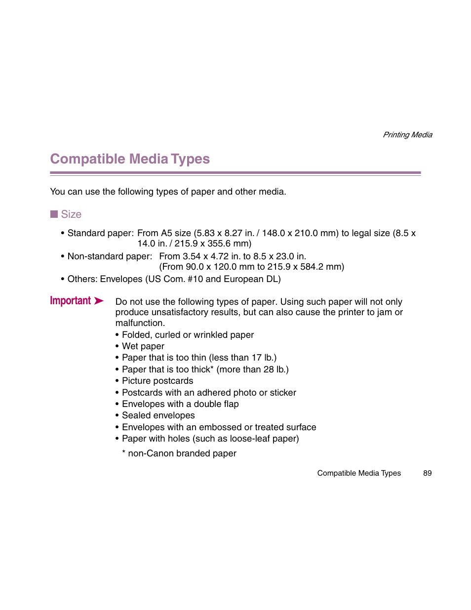 Compatible media types, Important | Canon S900 User Manual | Page 89 / 178