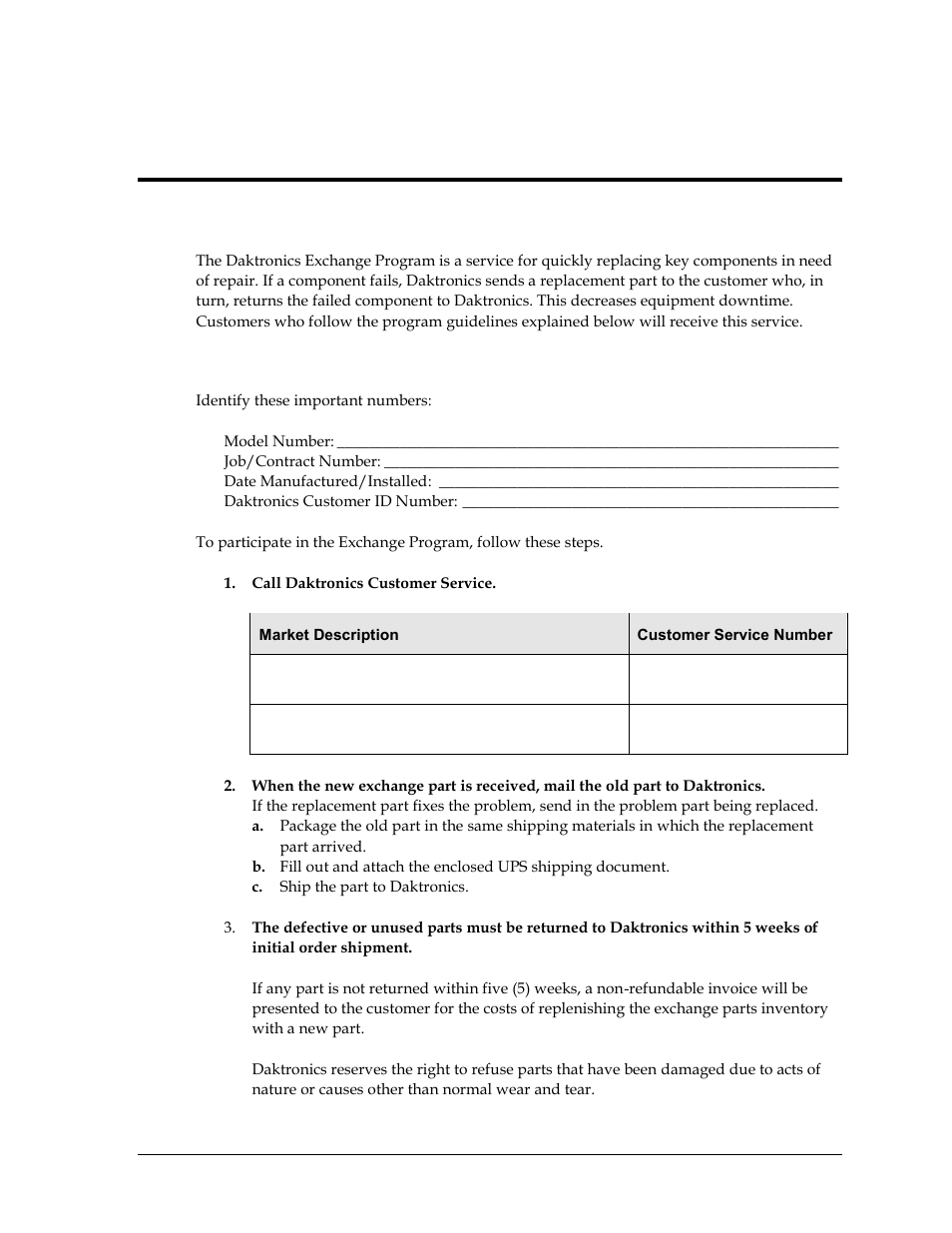 1 exchange program, Before contacting daktronics, Section 6 | Daktronics exchange and repair & return programs, Exchange program | Daktronics Sportsound Rack SSR-100 Operation Manual User Manual | Page 25 / 36