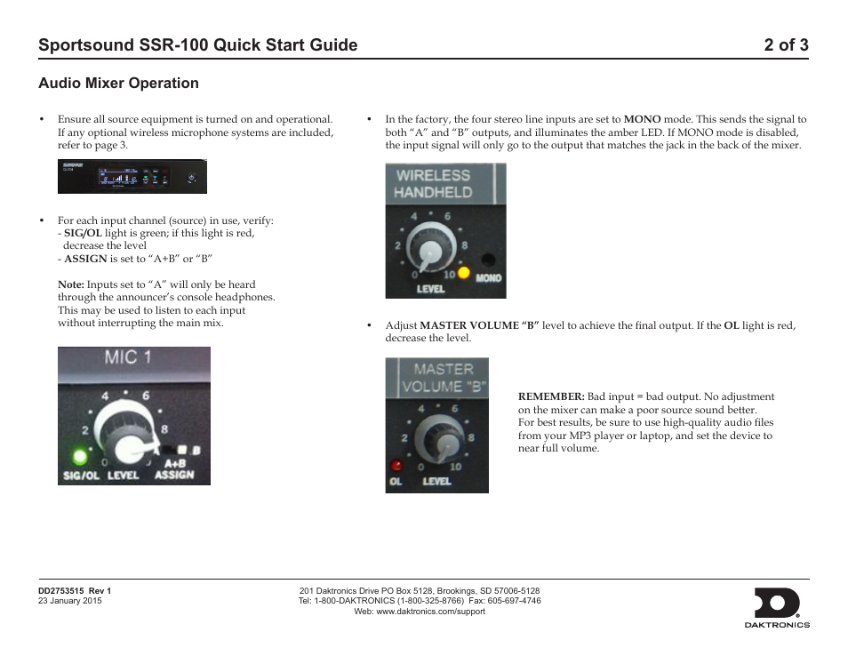 Audio mixer operation | Daktronics Sportsound SSR-100 Quick Start Guide User Manual | Page 2 / 3