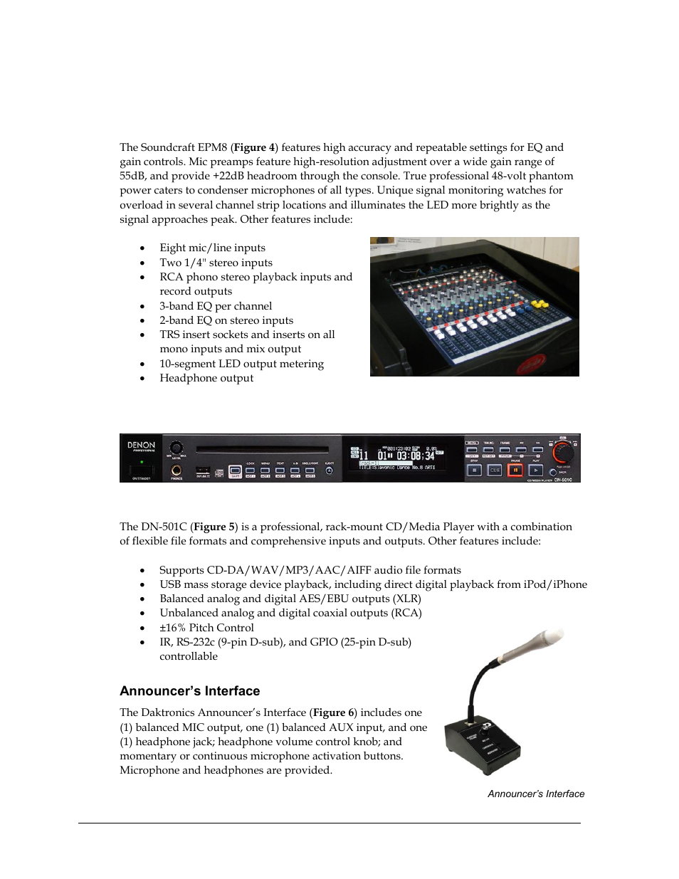 2 standard equipment, Audio mixer, Professional cd/media player | Announcer’s interface, Standard equipment | Daktronics Sportsound Rack SSR-200 Operation Manual User Manual | Page 10 / 42