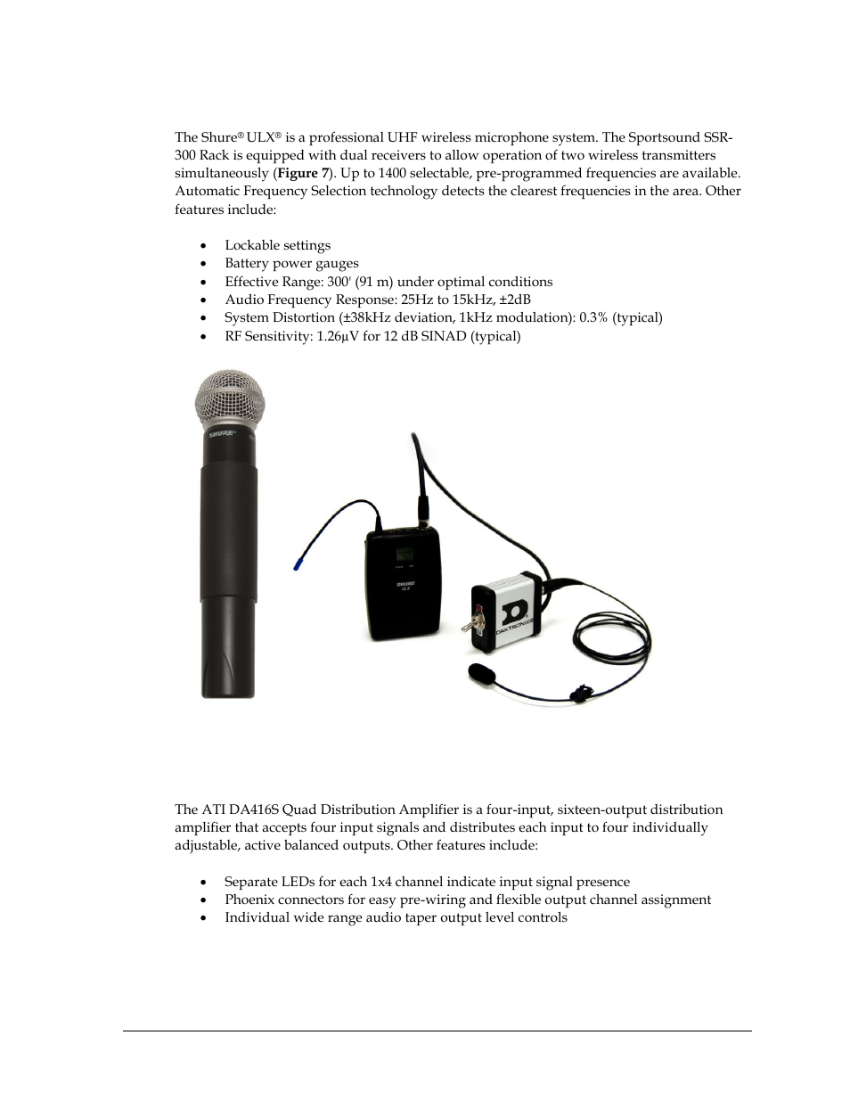 Wireless microphone system, Distribution amplifier | Daktronics Sportsound Rack SSR-300 Operation Manual User Manual | Page 13 / 44