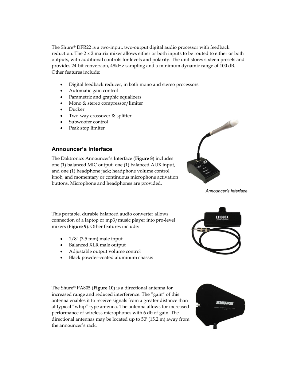 Feedback reducer, Announcer’s interface, Laptop interface | High gain antenna kit | Daktronics Sportsound Rack SSR-300 Operation Manual User Manual | Page 14 / 44