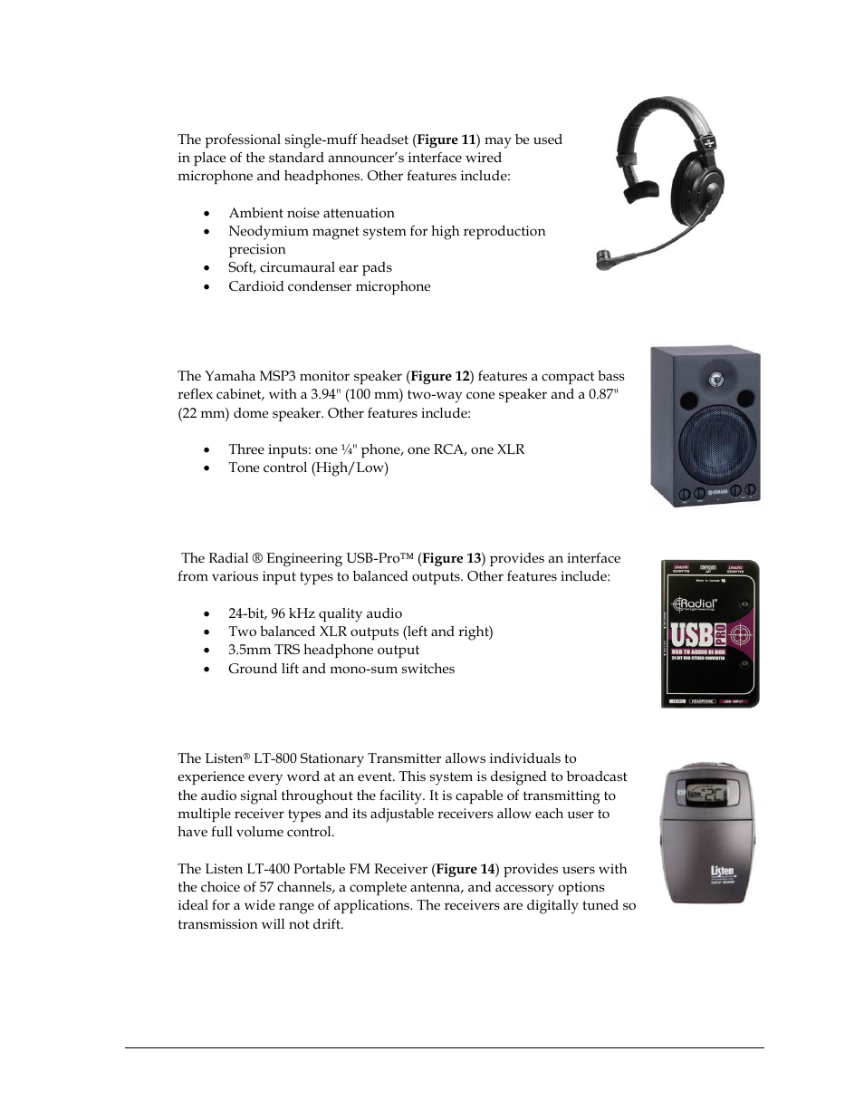 Single-muff headset, Self-powered monitor speaker, Usb audio interface | Ada-hearing assist system | Daktronics Sportsound Rack SSR-300 Operation Manual User Manual | Page 15 / 44