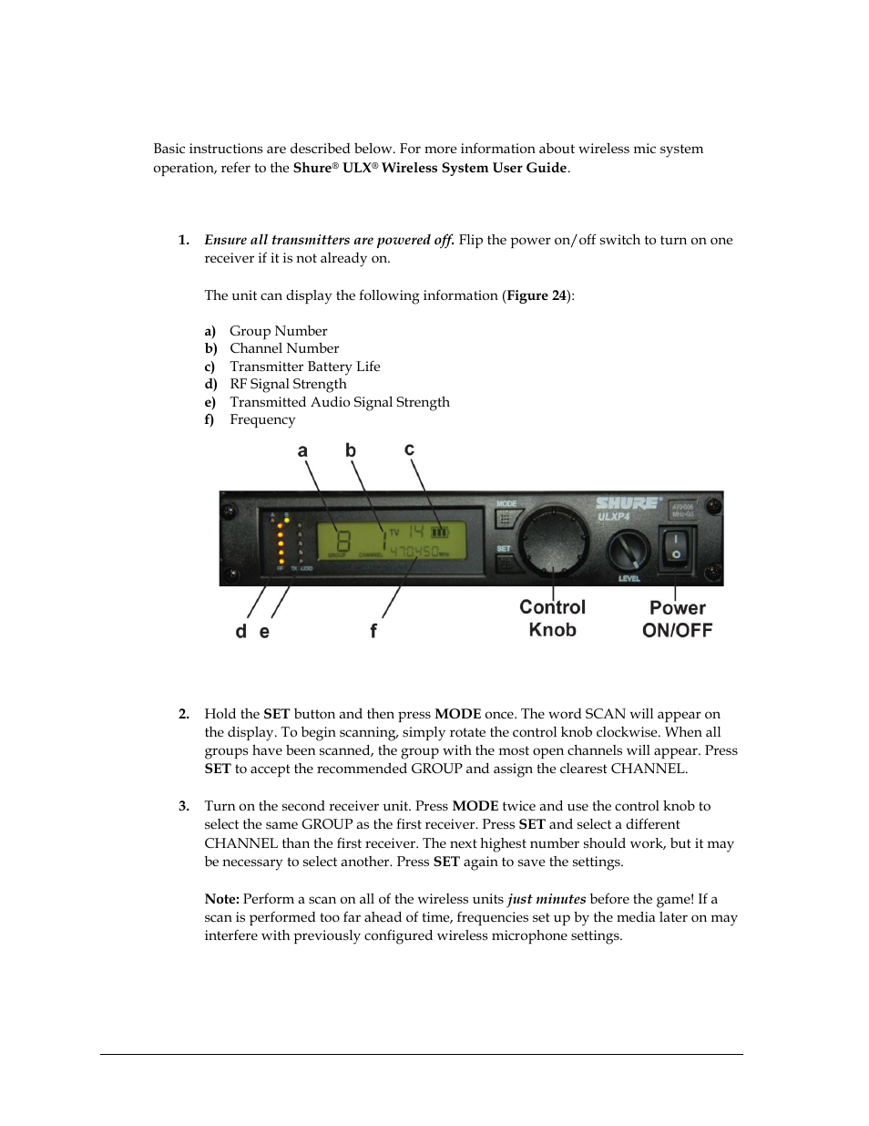 7 wireless mic system operation, Wireless receiver, Wireless mic system operation | Daktronics Sportsound Rack SSR-300 Operation Manual User Manual | Page 22 / 44