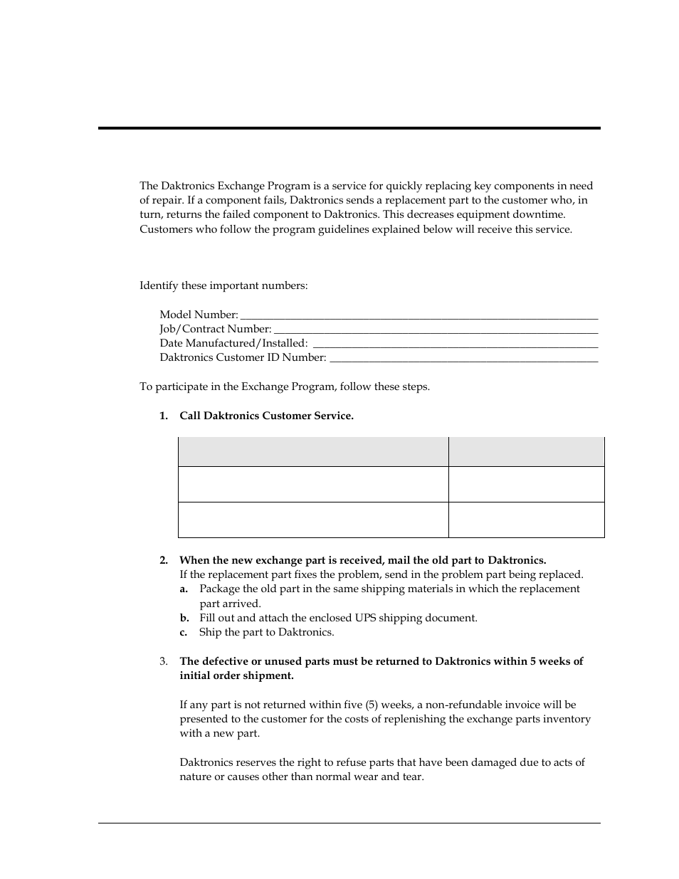 1 exchange program, Before contacting daktronics, Section 6 | Daktronics exchange and repair & return programs, Exchange program | Daktronics Sportsound Rack SSR-300 Operation Manual User Manual | Page 31 / 44