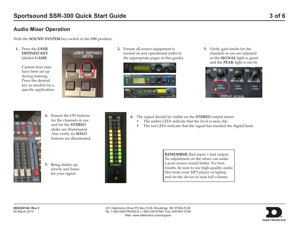 Audio mixer operation | Daktronics Sportsound SSR-300 Quick Start Guide User Manual | Page 3 / 6