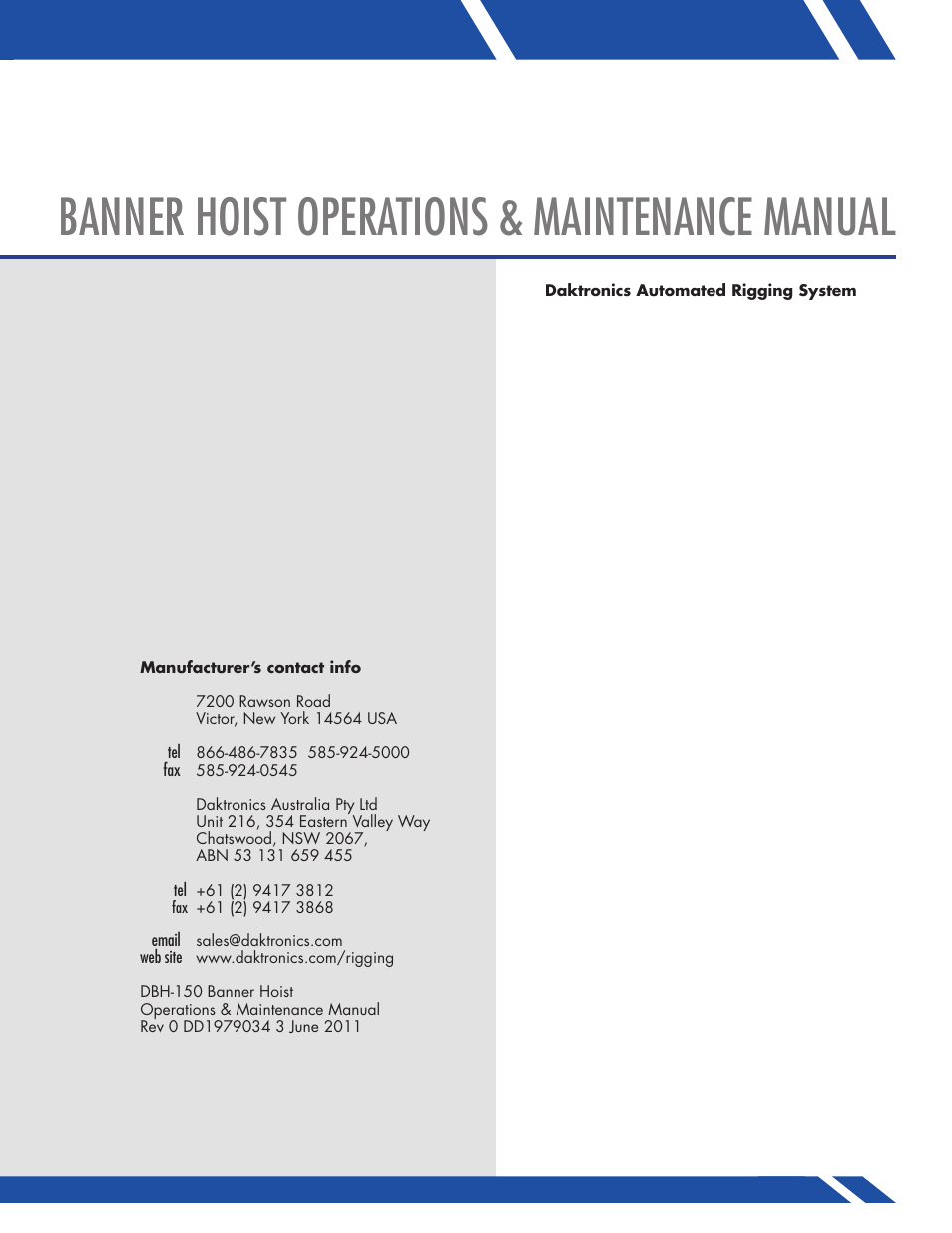 Banner hoist operations & maintenance manual | Daktronics DBH-150 User Manual | Page 3 / 19