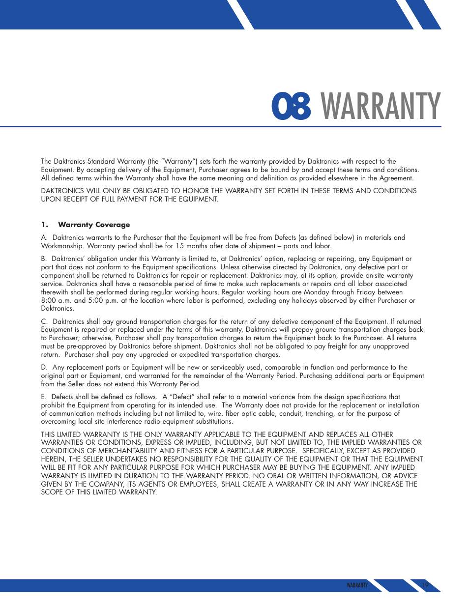 Warranty | Daktronics E SERIES User Manual | Page 17 / 20