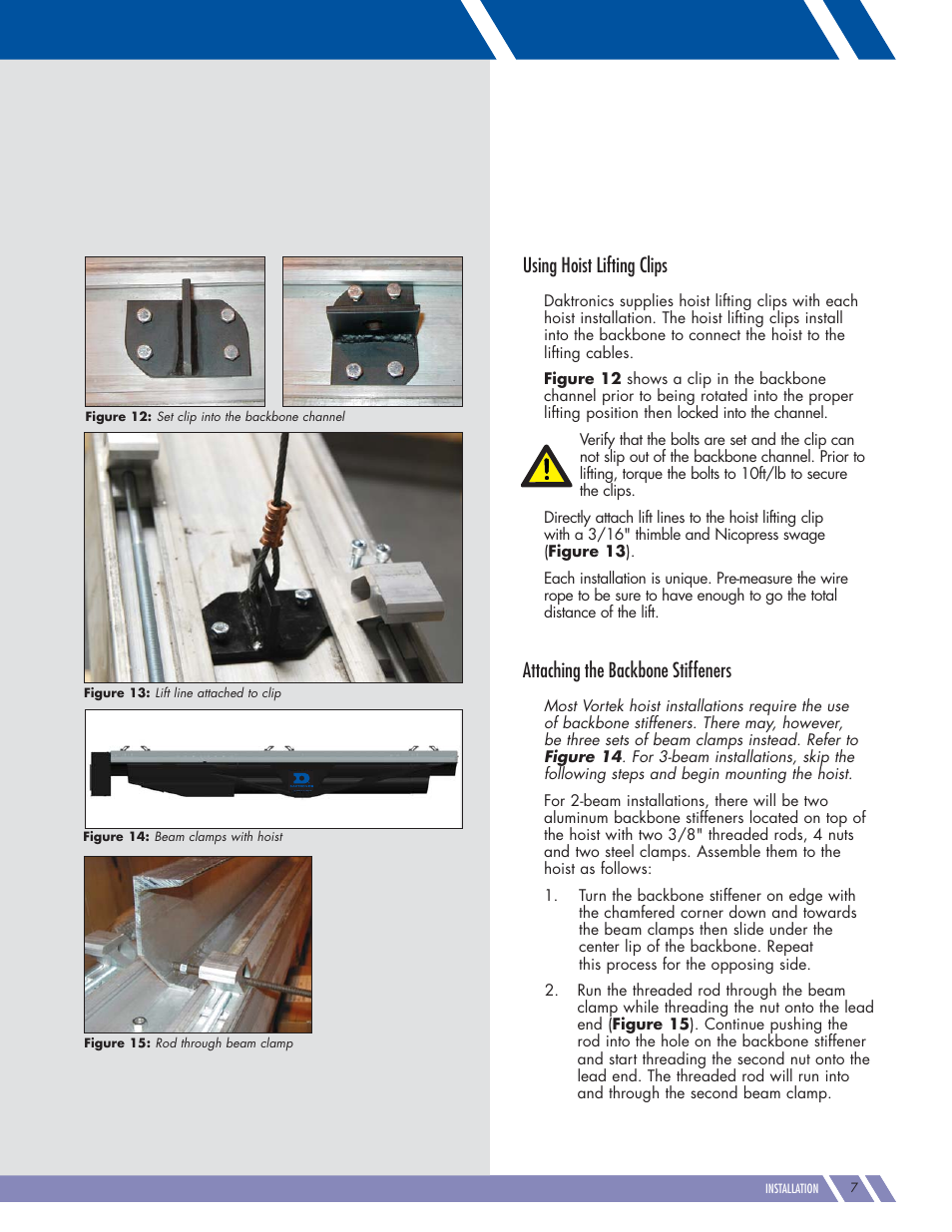 Using hoist lifting clips, Attaching the backbone stiffeners | Daktronics Hoist Installation Manual User Manual | Page 9 / 15
