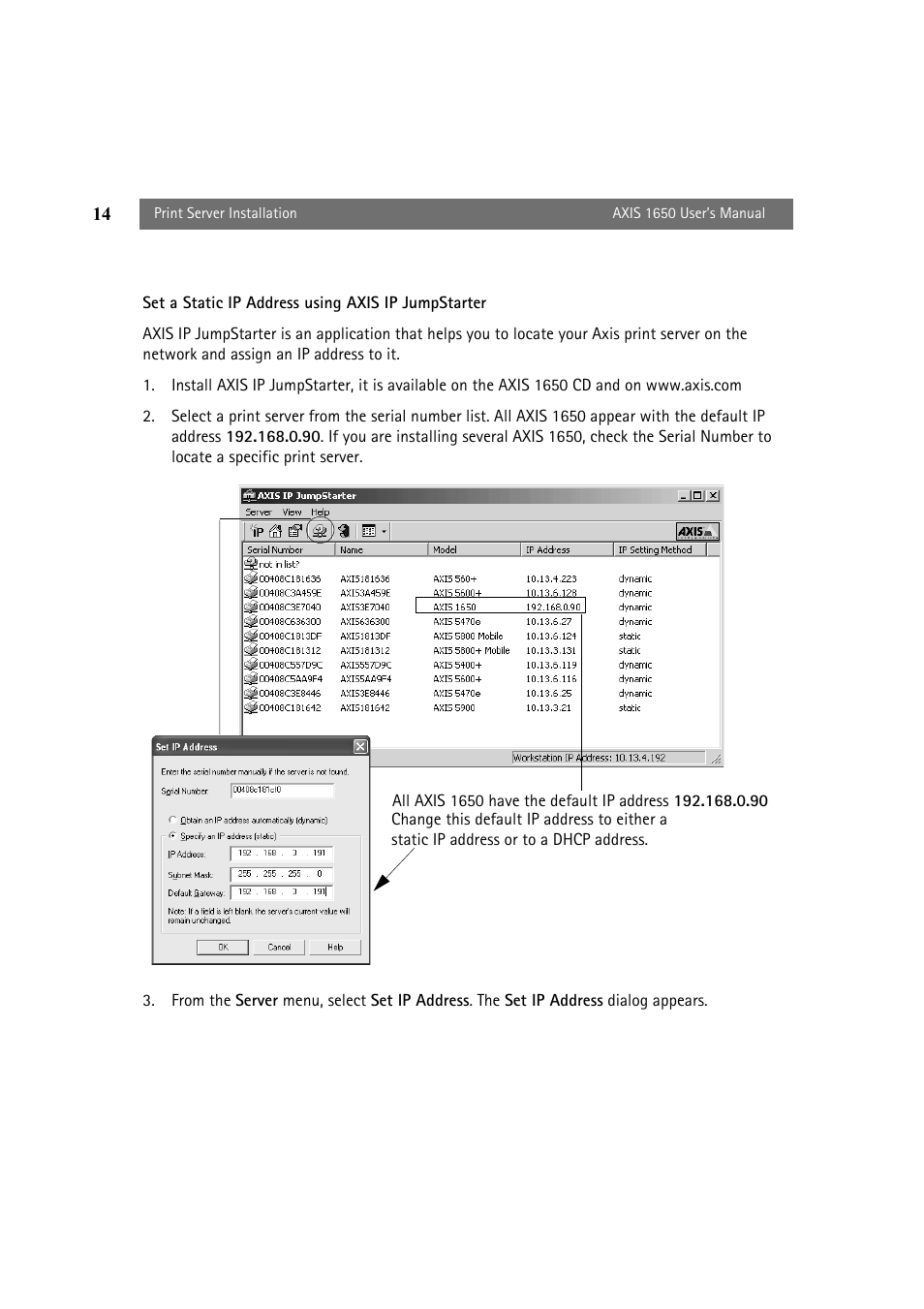 Set a static ip address using axis ip jumpstarter | Canon 1650 User Manual | Page 14 / 71