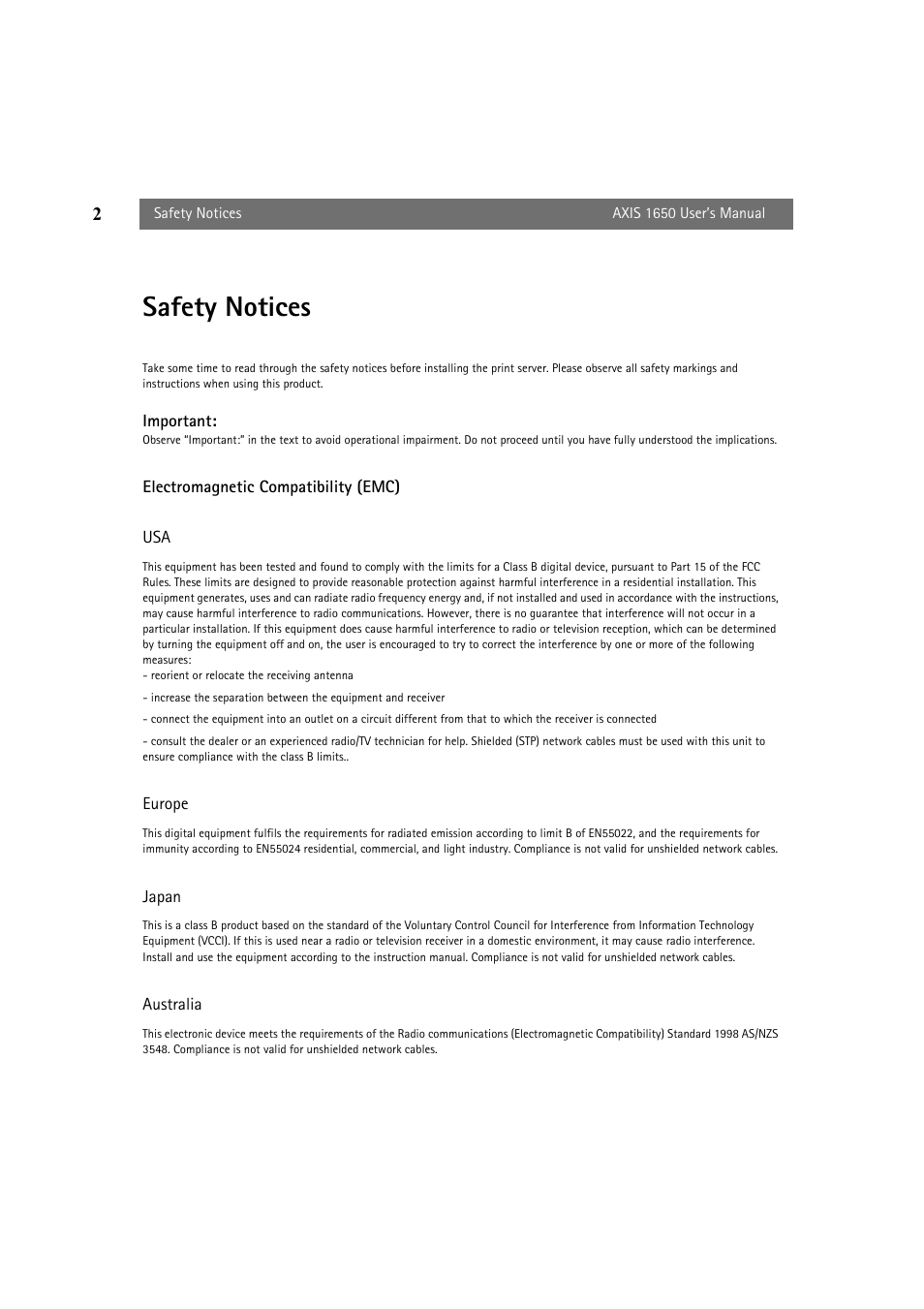 Safety notices, Electromagnetic compatibility (emc) | Canon 1650 User Manual | Page 2 / 71