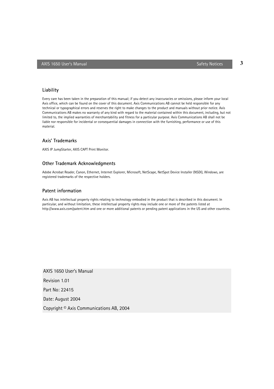 Liability, Axis’ trademarks, Other trademark acknowledgments | Patent information | Canon 1650 User Manual | Page 3 / 71