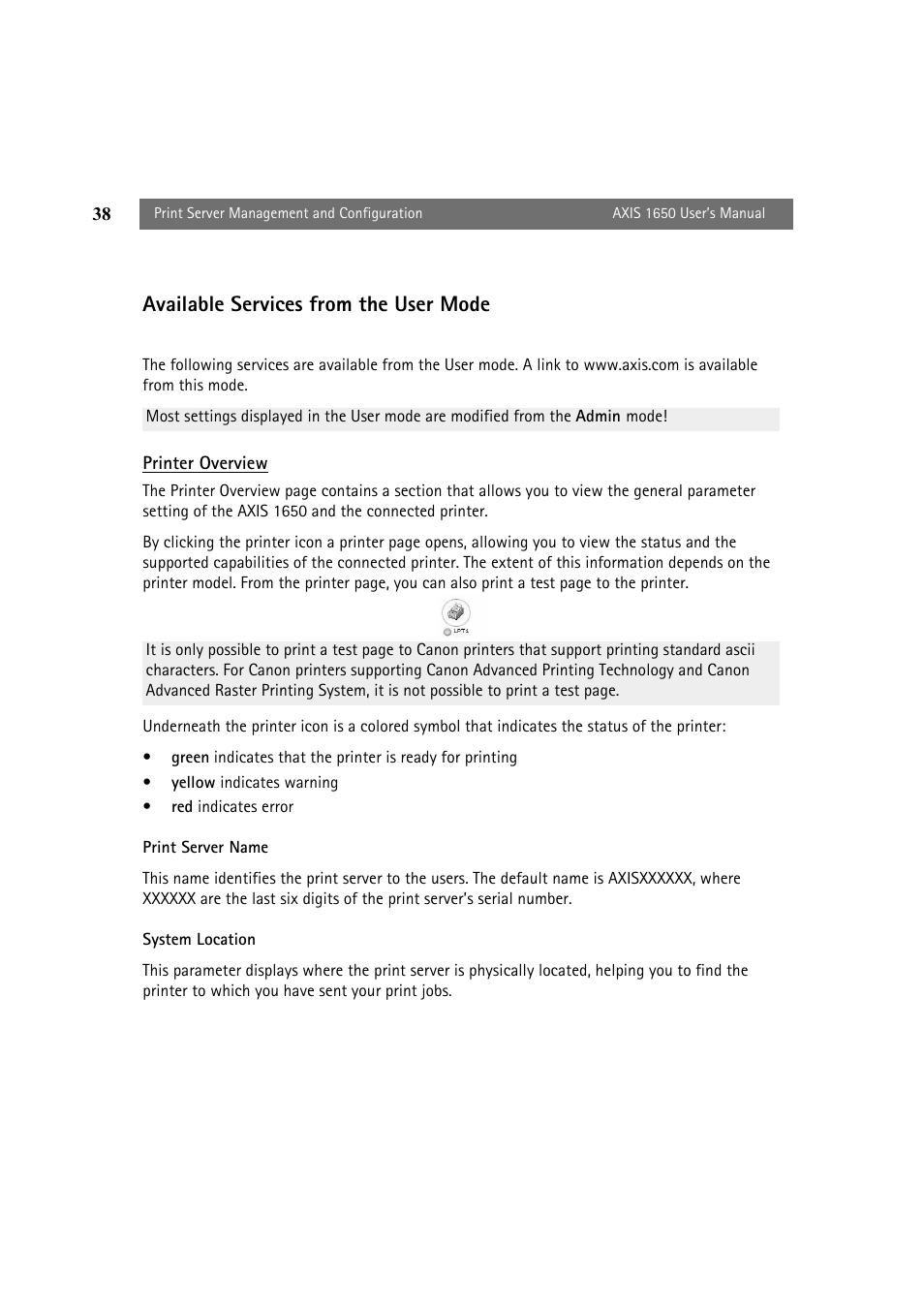 Available services from the user mode, Print server name, System location | Canon 1650 User Manual | Page 38 / 71