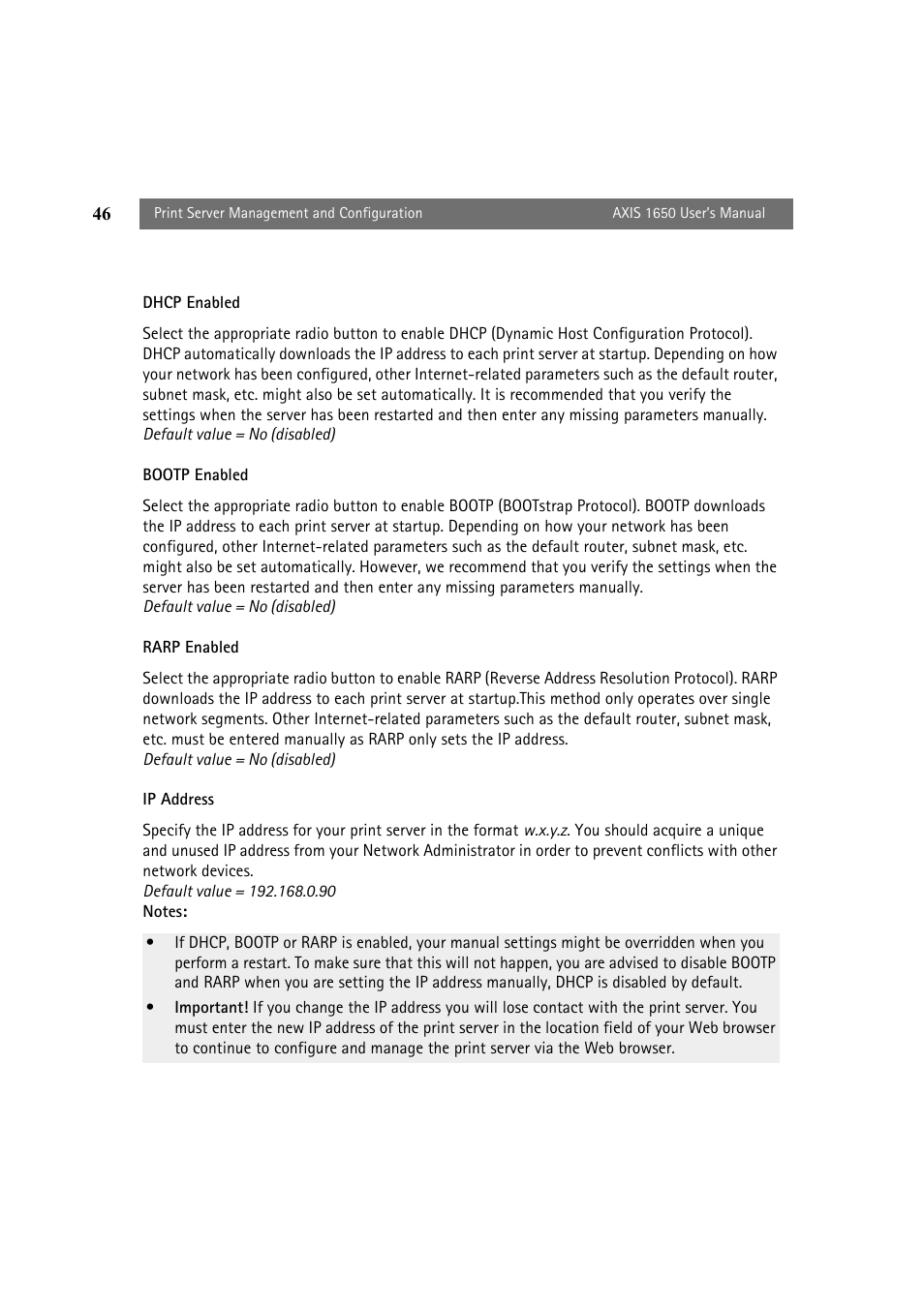 Dhcp enabled, Bootp enabled, Rarp enabled | Ip address | Canon 1650 User Manual | Page 46 / 71