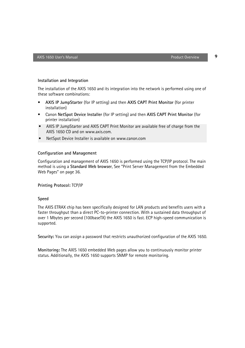 Installation and integration, Configuration and management, Printing protocol | Canon 1650 User Manual | Page 9 / 71