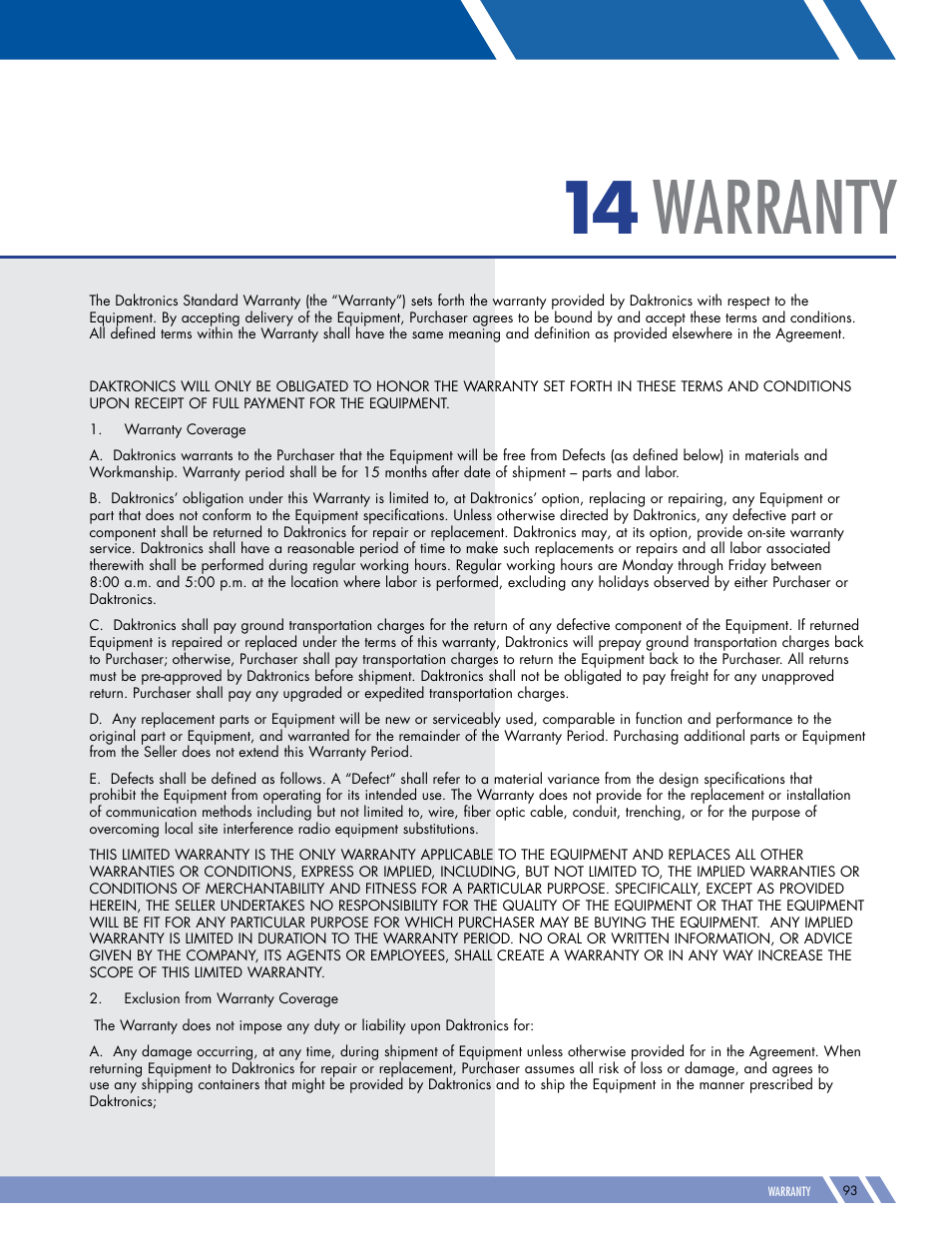 Warranty | Daktronics Pro Series Operations and Maintenance Manual User Manual | Page 100 / 118