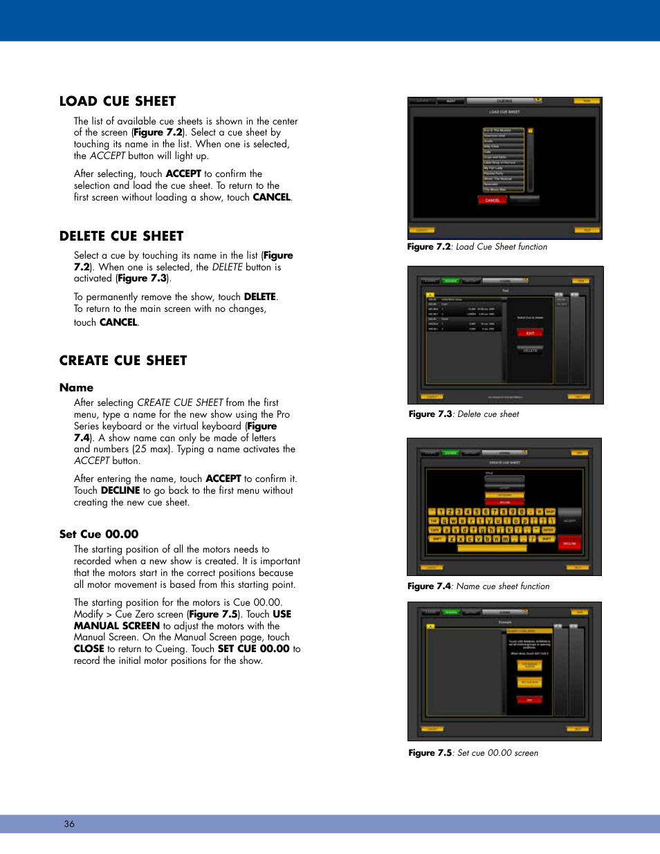 Load cue sheet, Delete cue sheet, Create cue sheet | Daktronics Pro Series Operations and Maintenance Manual User Manual | Page 43 / 118