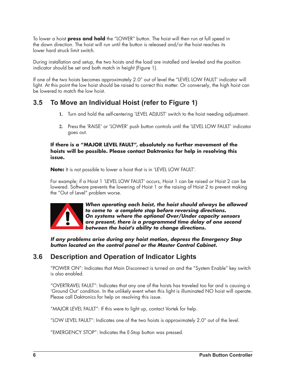 5 to move an individual hoist (refer to figure 1), 6 description and operation of indicator lights | Daktronics Scoreboard Dual Hoist User Manual | Page 10 / 23