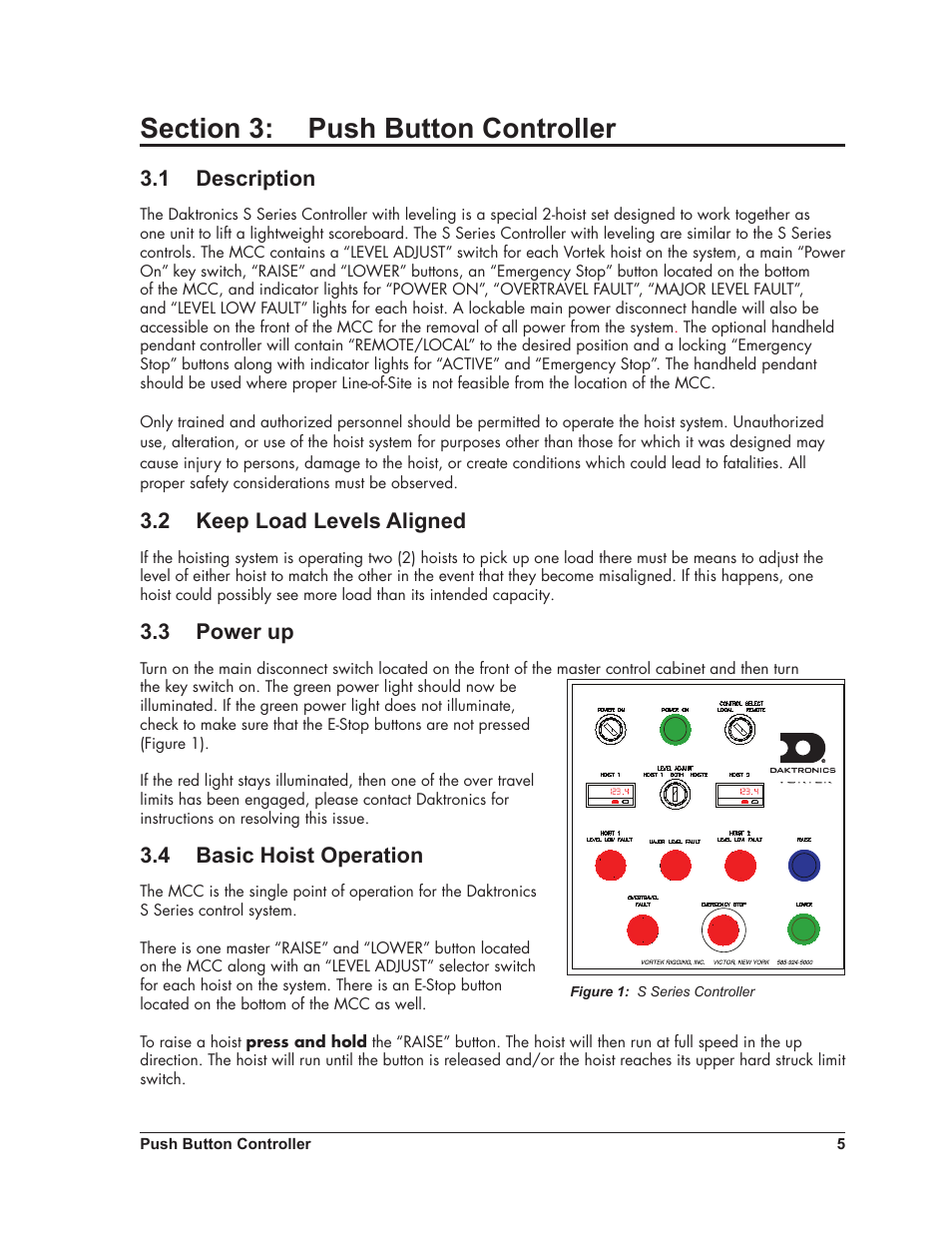 1 description, 2 keep load levels aligned, 3 power up | 4 basic hoist operation | Daktronics Scoreboard Dual Hoist User Manual | Page 9 / 23