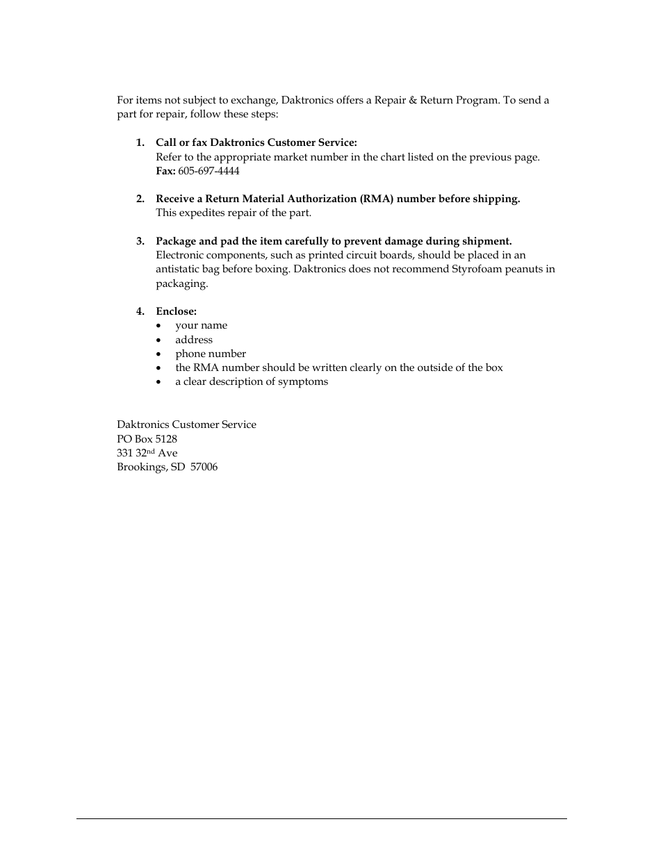 Repair & return program, Shipping address | Daktronics All Sport 100 Contro User Manual | Page 12 / 37