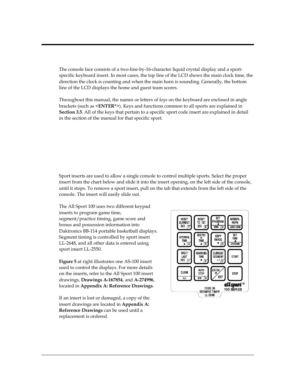 Basic operation, Console operation, All sport® 100 inserts and codes | Section 3, All sport, 100 inserts and codes | Daktronics All Sport 100 Contro User Manual | Page 13 / 37