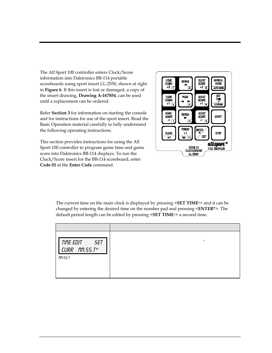 Clock/score operation, Clock keys, Set time | Section 4, 1 clock keys, Time edit set curr mm:ss.t | Daktronics All Sport 100 Contro User Manual | Page 19 / 37