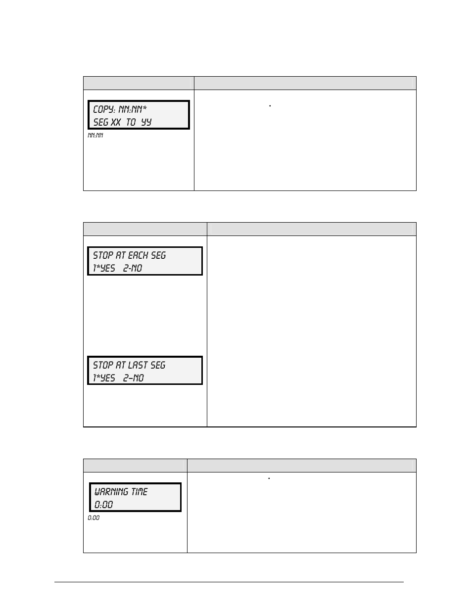 Copy range, Auto stop, Warning time | Copy: nn:nn* seg xx to yy, Stop at each seg 1*yes 2-no, Stop at last seg 1*yes 2–no, Warning time 0:00 | Daktronics All Sport 100 Contro User Manual | Page 26 / 37