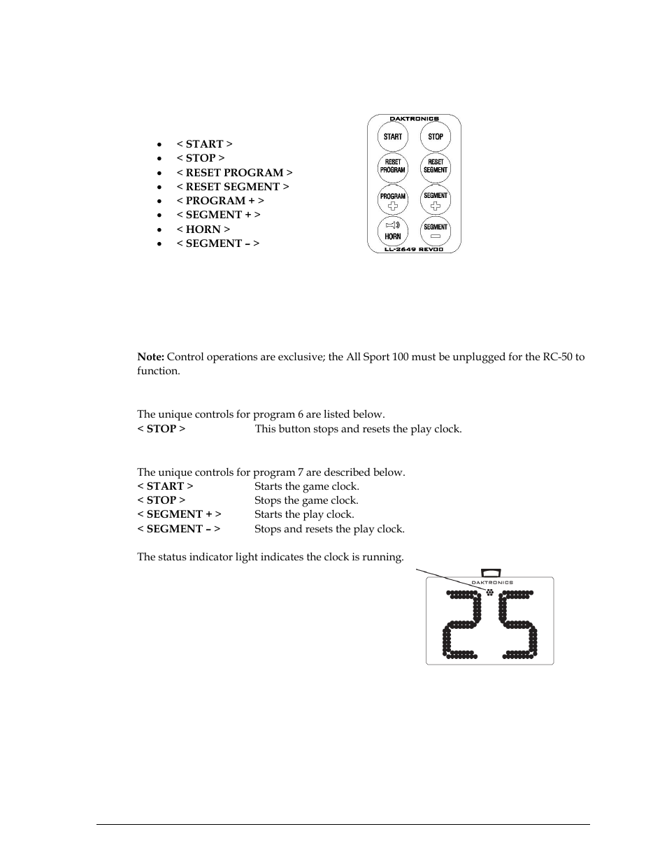 Rc-50 segment timer, Controls (programs 1-5), Rc-50 play clock controls (program 6) | Rc-50 two-minute drill controls (program 7) | Daktronics All Sport 100 Contro User Manual | Page 29 / 37