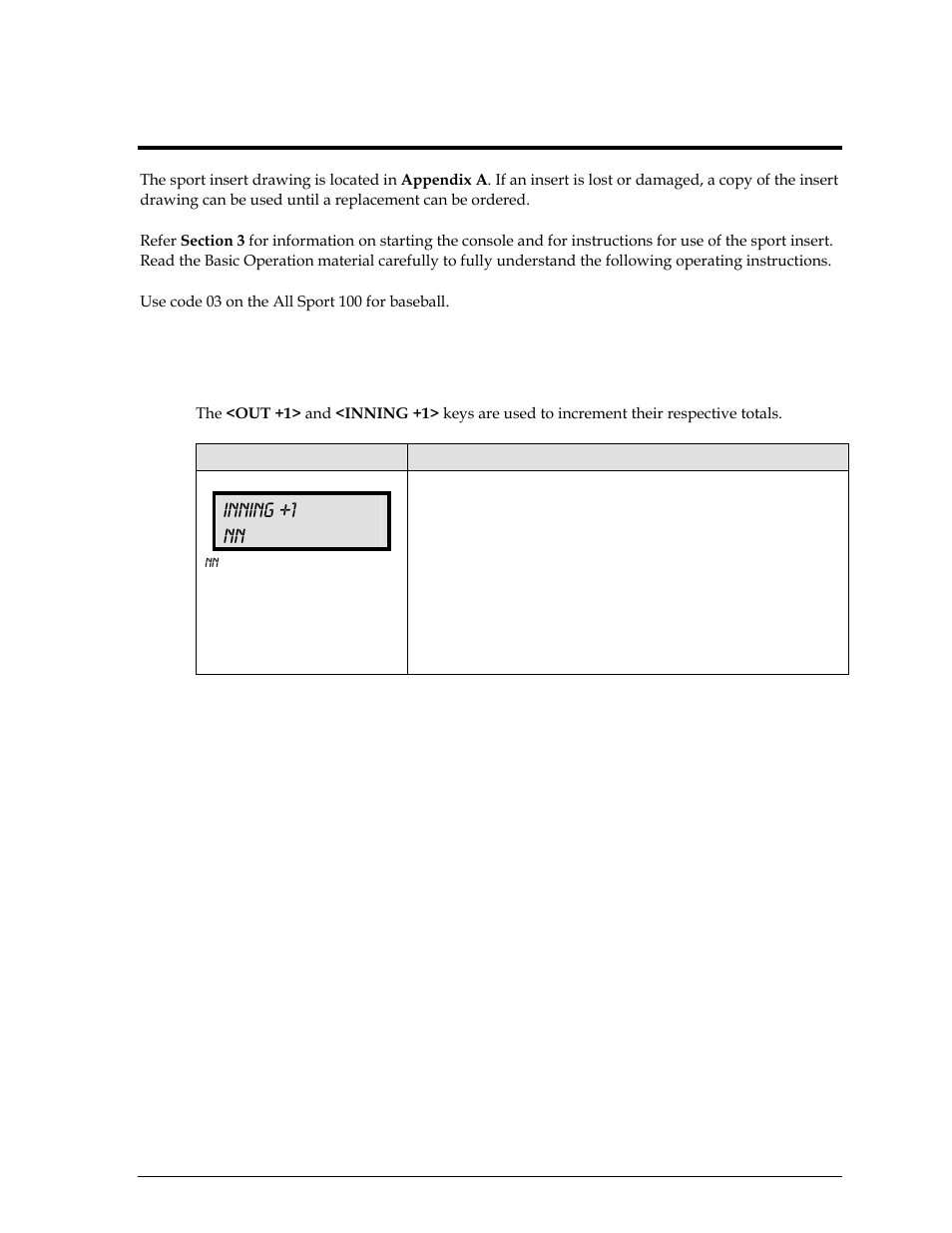 Baseball operation, Baseball keys, Out +1, inning +1 | Section 6, 1 baseball keys, Inning +1 nn | Daktronics All Sport 100 Contro User Manual | Page 31 / 37