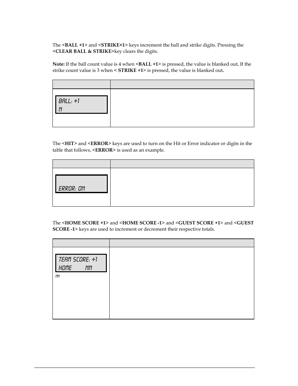Ball, strike, clear ball/strike, Hit, error, Home/guest score +1, -1 | Ball: +1 n, Error: on, Team score: +1 home nn | Daktronics All Sport 100 Contro User Manual | Page 32 / 37