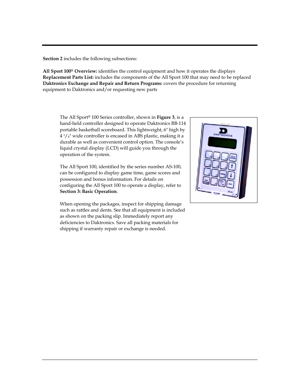Controller overview, All sport 100 overview, Section 2 | 1 all sport 100 overview | Daktronics All Sport 100 Contro User Manual | Page 9 / 37
