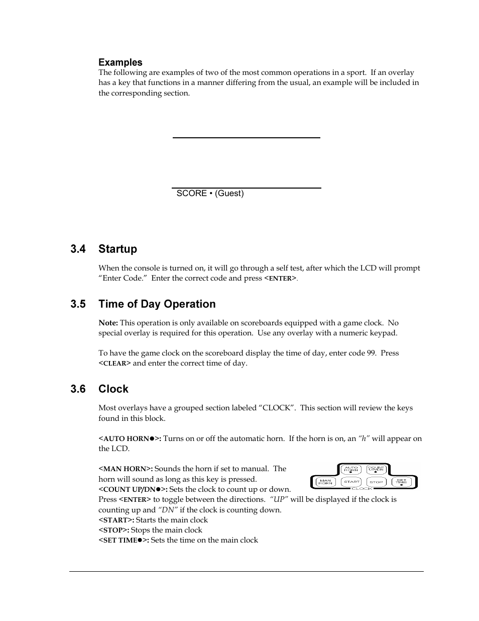 Examples, Startup, Time of day operation | Clock | Daktronics All Sport 2000 Series User Manual | Page 13 / 53