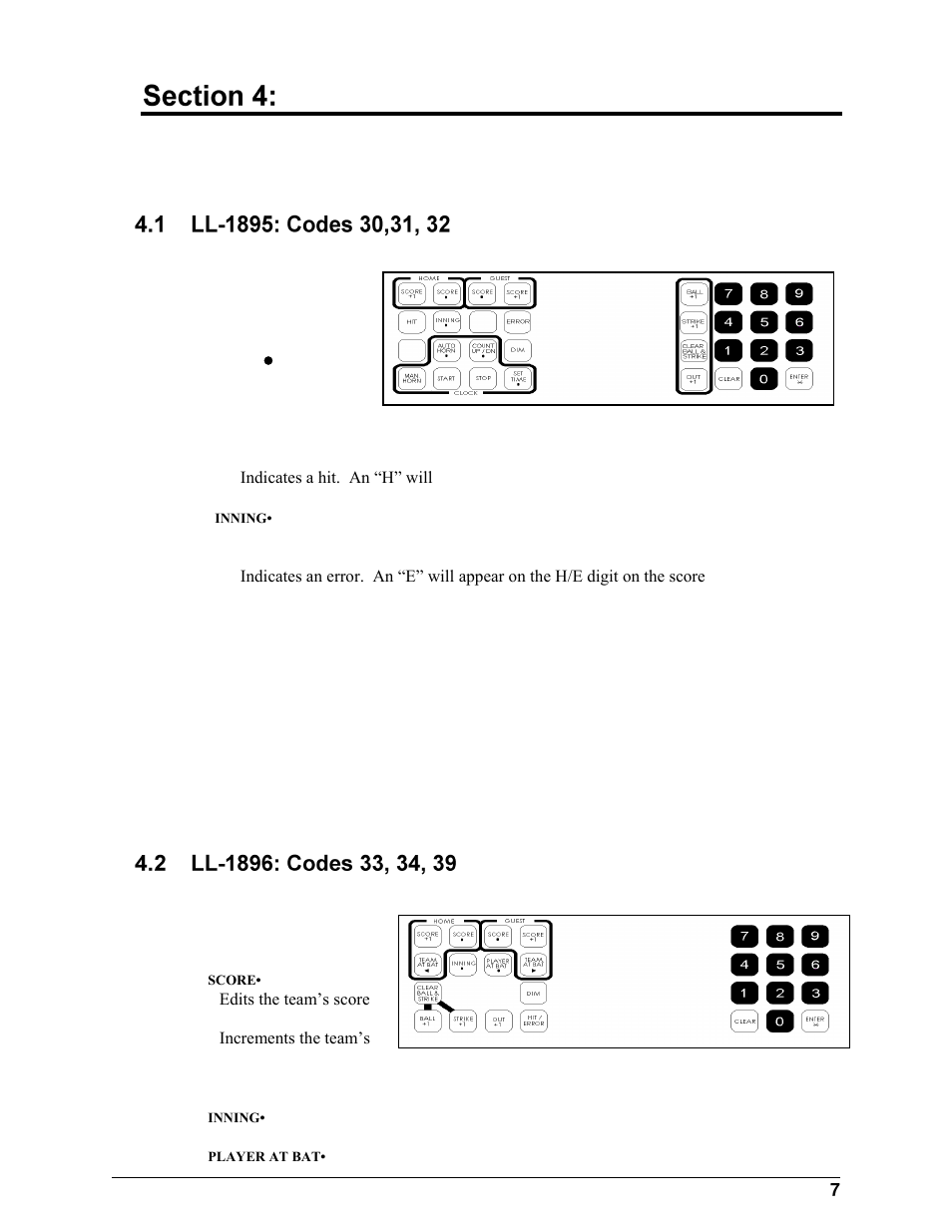 Baseball/softball operation, Ll-1895: codes 30,31, 32, Ll-1896: codes 33, 34, 39 | Daktronics All Sport 2000 Series User Manual | Page 15 / 53