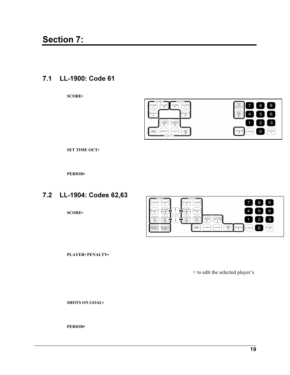 Hockey operation, Ll-1900: code 61, Ll-1904: codes 62,63 | Daktronics All Sport 2000 Series User Manual | Page 27 / 53