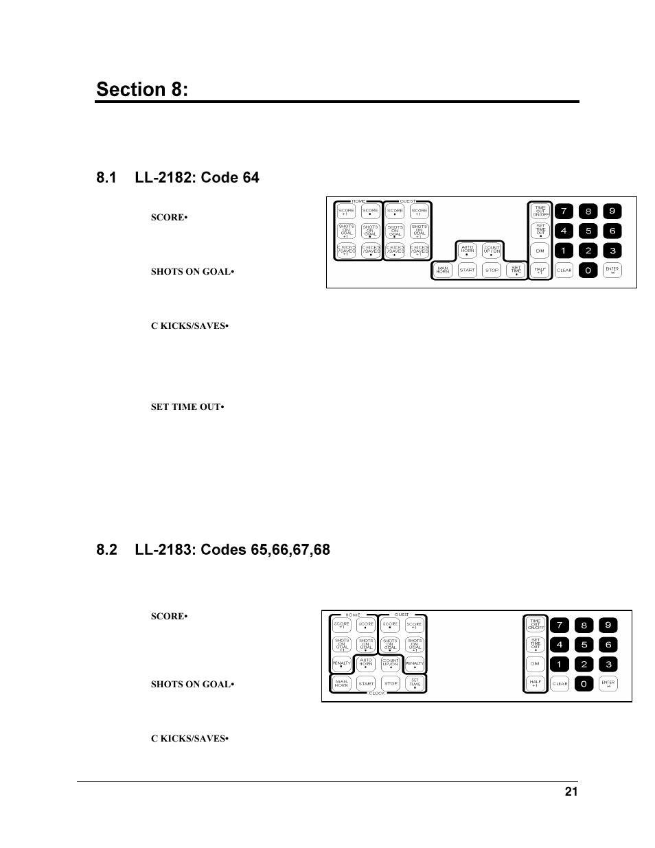 Soccer operation, Ll-2182: code 64, Ll-2183: codes 65,66,67,68 | Daktronics All Sport 2000 Series User Manual | Page 29 / 53