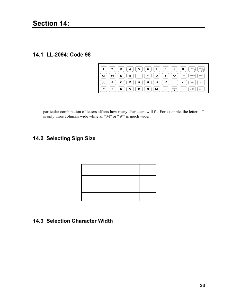 Team name operation, Ll-2094: code 98, Selecting sign size | Selection character width | Daktronics All Sport 2000 Series User Manual | Page 41 / 53