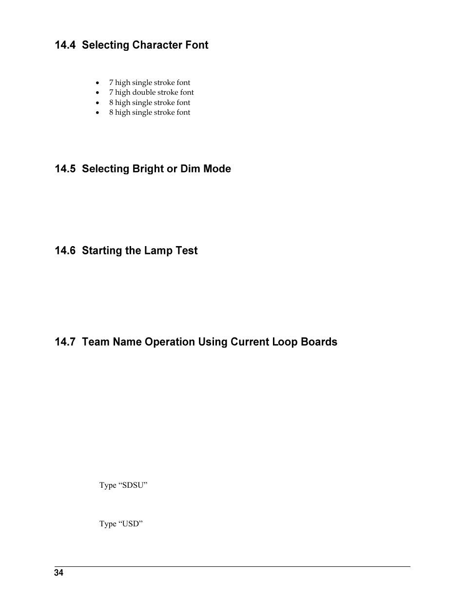 Selecting character font, Selecting bright or dim mode, Starting the lamp test | Team name operation using current loop boards | Daktronics All Sport 2000 Series User Manual | Page 42 / 53