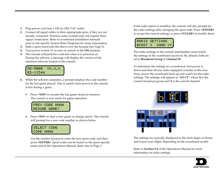 Start up | Daktronics All Sport 5000 Series Quick Start Guide User Manual | Page 2 / 4