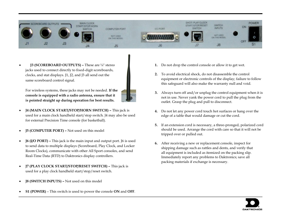 Jacks & switches, Important safeguards | Daktronics All Sport 5000 Series Quick Start Guide User Manual | Page 4 / 4