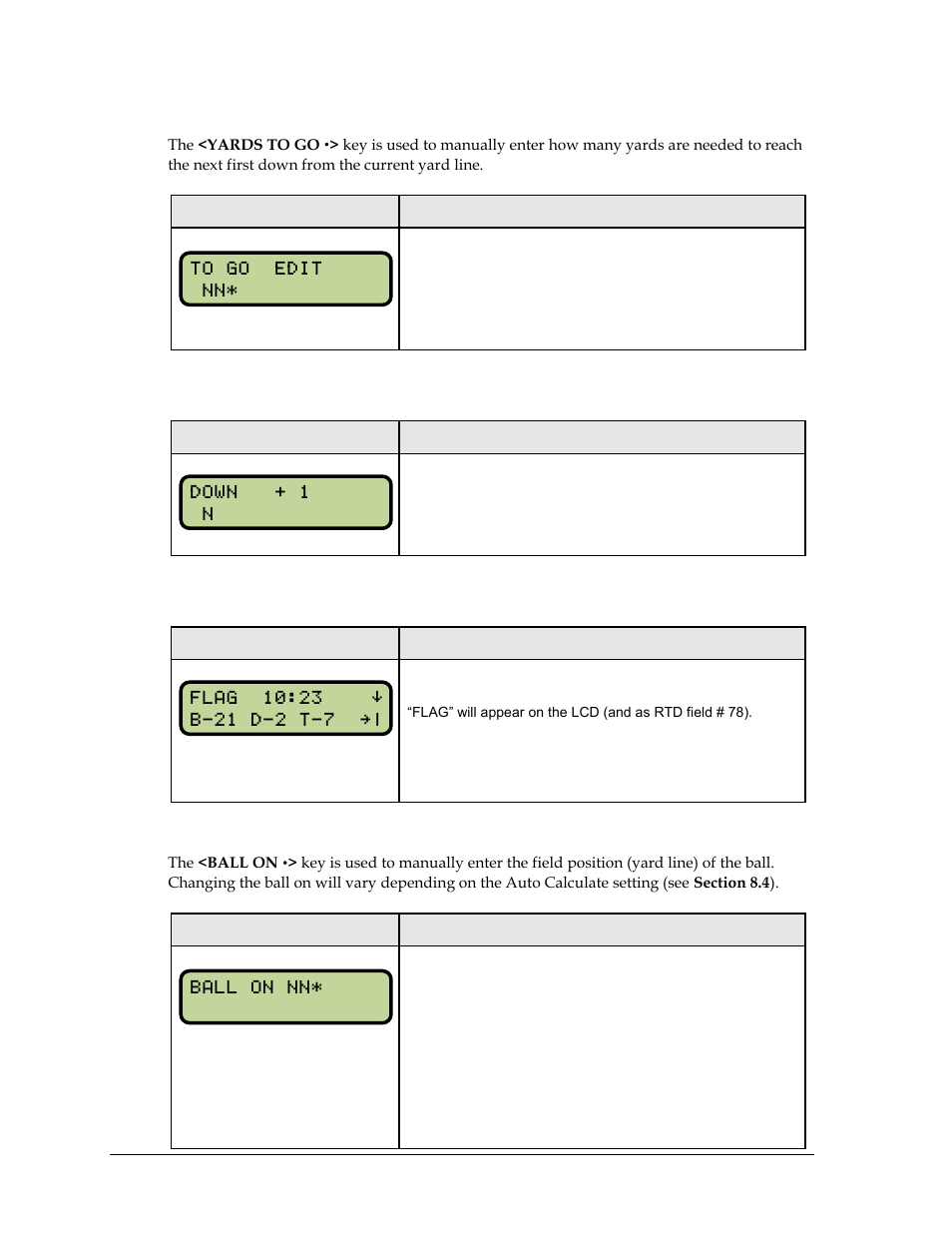 Yards to go, Down +1, Penalty flag | Ball on | Daktronics All Sport 5000 Series Operation Manual User Manual | Page 102 / 410