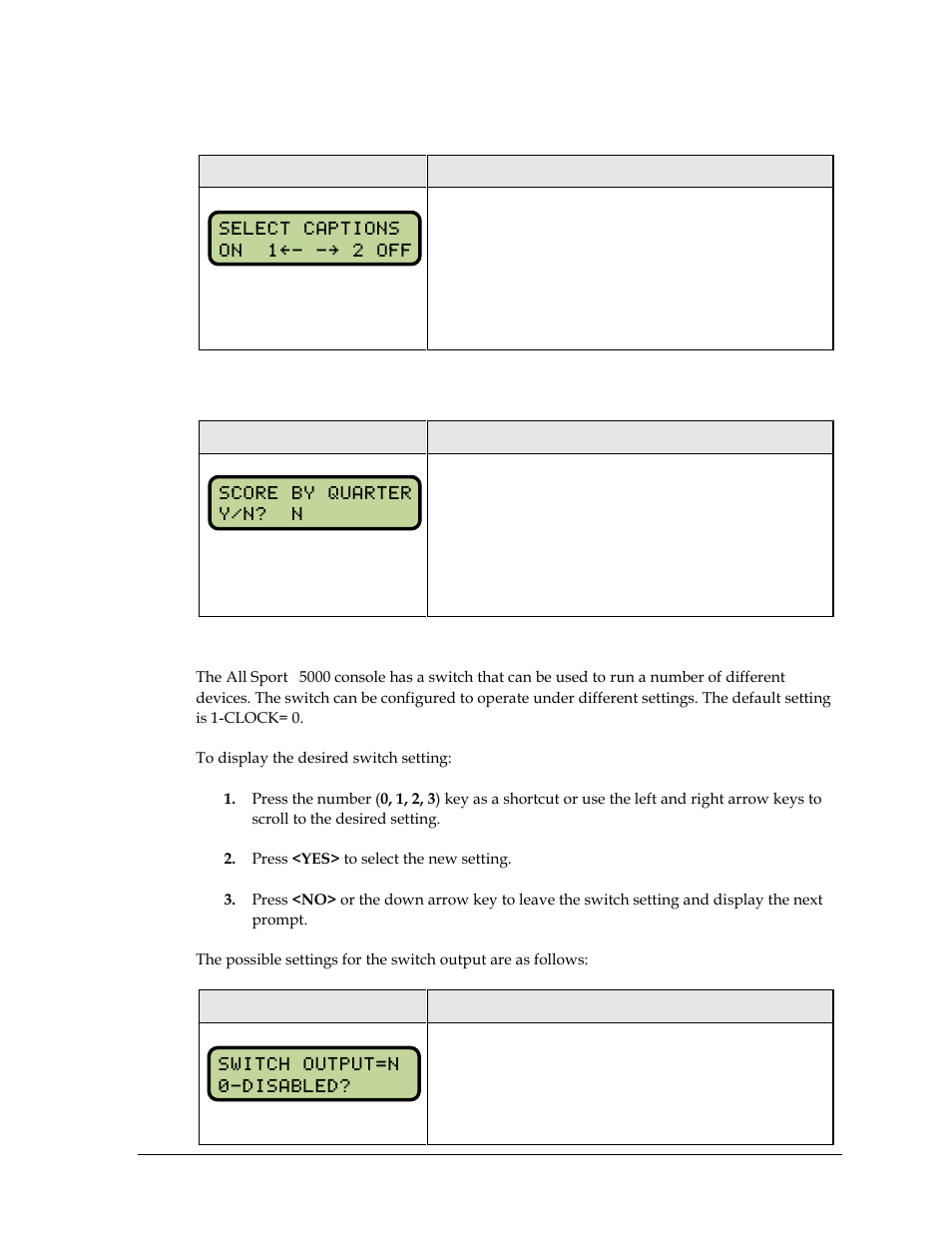 Select captions, Score by quarter, Switch output | Daktronics All Sport 5000 Series Operation Manual User Manual | Page 117 / 410