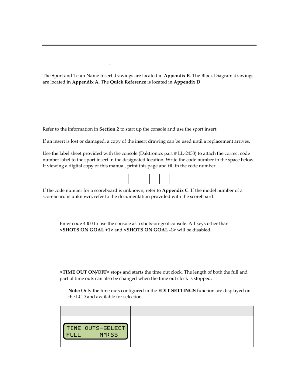 Section 9: hockey/lacrosse/handball operations, 1 shots on goal console operation, 2 hockey/lacrosse/handball keys | Time out on/off, Section 9, Hockey/lacrosse/handball operations, Shots on goal console operation, Hockey/lacrosse/handball keys | Daktronics All Sport 5000 Series Operation Manual User Manual | Page 119 / 410