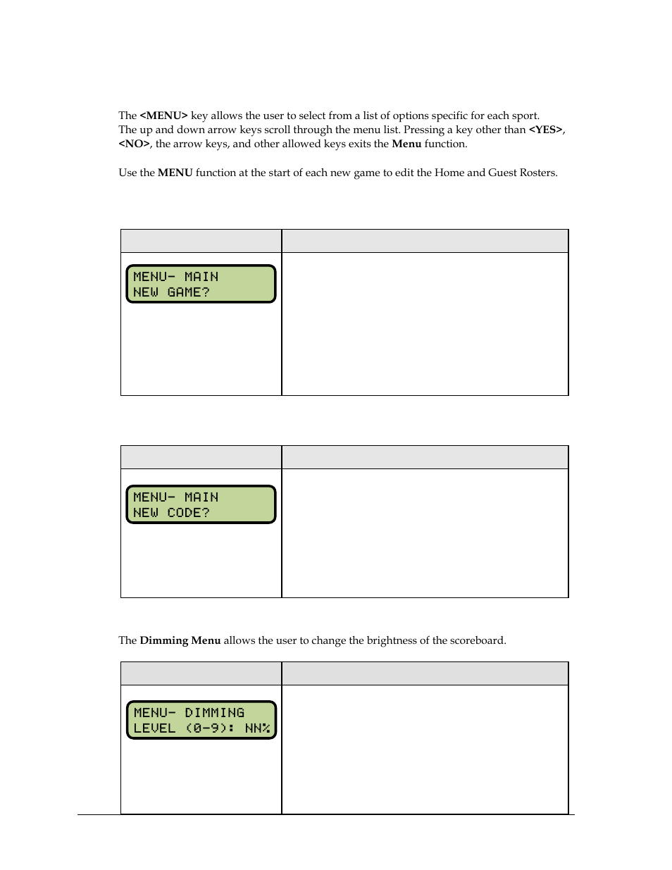 4 menu, New game, New code | Dimming menu, Menu | Daktronics All Sport 5000 Series Operation Manual User Manual | Page 142 / 410